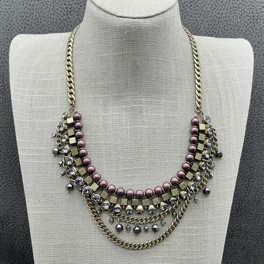 Silpada KR Necklace Gold Tone Purple‎ Beaded Layered Crystal Bib 18 In Statement